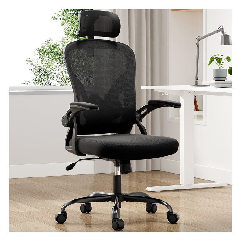 Ergonomic Office Chair with Adjustable Lumbar Support - High Back Mesh Desk Chair with 90° Flip-Up Armrests & 30° Rotatable Headrest for Home Office, Study Room - Black