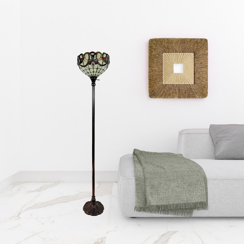 Lampe sur pied de 62 po de forme traditionnelle brune avec abat-jour en verre teinté blanc et brun