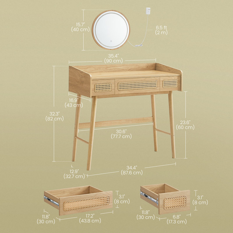 Meuble-lavabo avec miroir lumineux 3 tiroirs Virdie Boho, Chêne naturel