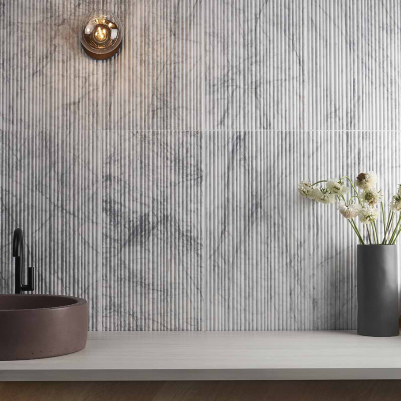Waves 12x24 Fluted 3D Honed Marble Tile, White Lion