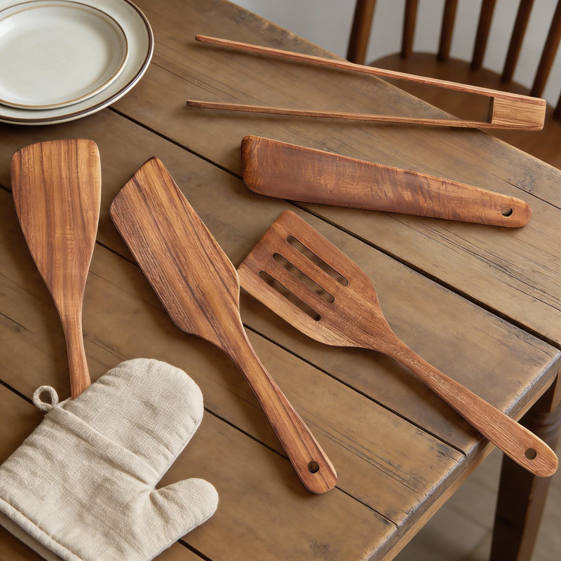 Ensemble d'ustensiles de cuisine en bois d'acacia - 6 spatules de cuisine anti-rayures avec support en acier inoxydable pour retourner, remuer et servir