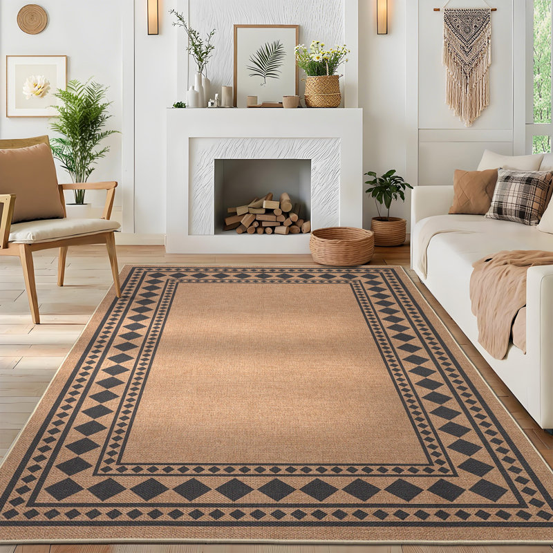 Modern Easy Jute Rug Machine Washable Geometric Bordered Indoor Outdoor Carpet with Non-Slip Backing, Non-Shedding Floor Cover for Backyard, Bedroom, Patio