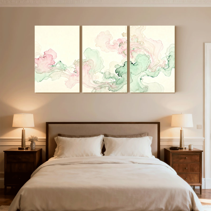 Plantes et fleurs, aquarelle douce, nuages et motifs floraux, ensemble de 3 impressions sur toile, H 30 po x l 60 po