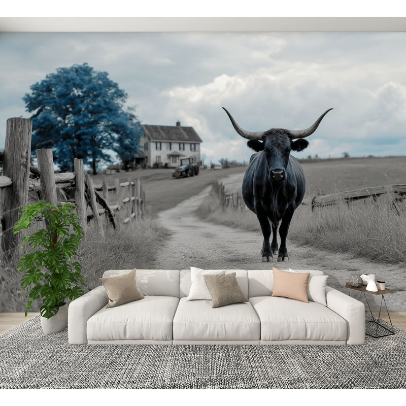 Papier peint pelez et collez Vache brune campagne d'arbre de campagne rustique Longhorn Vache grandes peintures murales incurvées H 100 po x l 144 po Papier mural amovible en PVC auto-adhésif pour le salon de la chambre Bureau à domicile