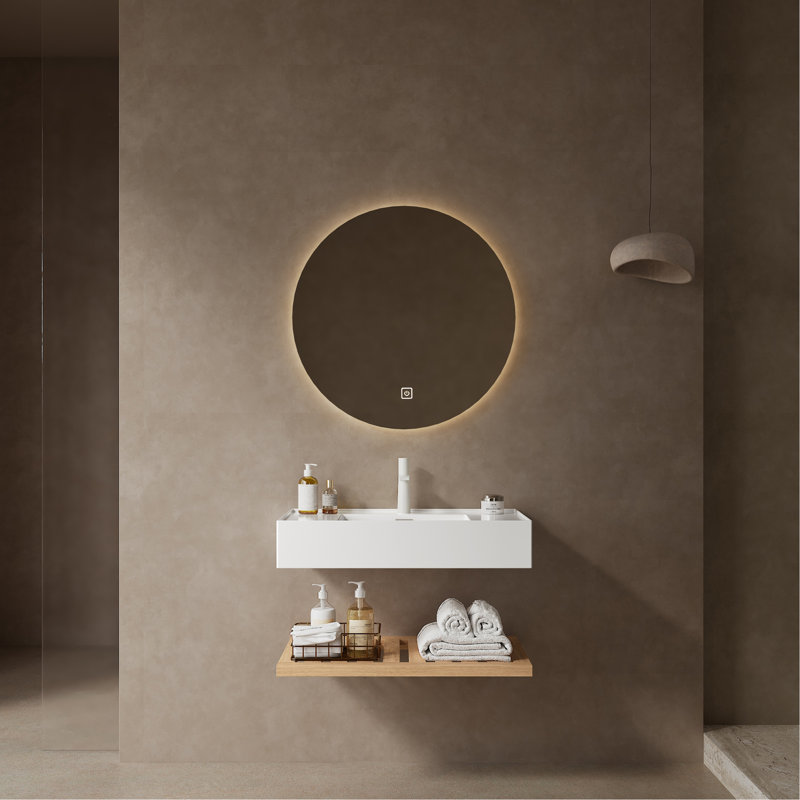 LEDE 30" Bathroom Vanity With Vessel Sink, Wall-Mounted Floating White Rectangular Acrylic Integrated Basin Without Faucet, Striped Shelves Layer, Natural Woodgrain Color