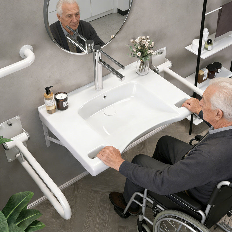 29.5" W X 20.5" D ADA Compliant Ceramic Bathroom Sink Wall-Mounted Rectangular White Sink Wall Hung Accessible Vessel Sink with Integrated Handles & Single Pre-Drilled Faucet Hole