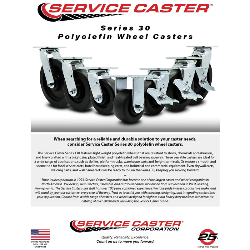 6 Inch Polyolefin Caster Set with 2 Brakes/Swivel Lock 2 Rigid Service Caster/SCC-30CS620-POB-TLB-BSL-2-R-2