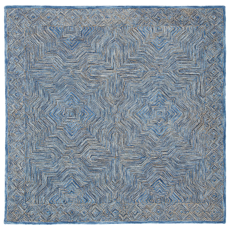 Tapis bleu en laine / coton touffeté à la main Teressa, Carré 5 pi