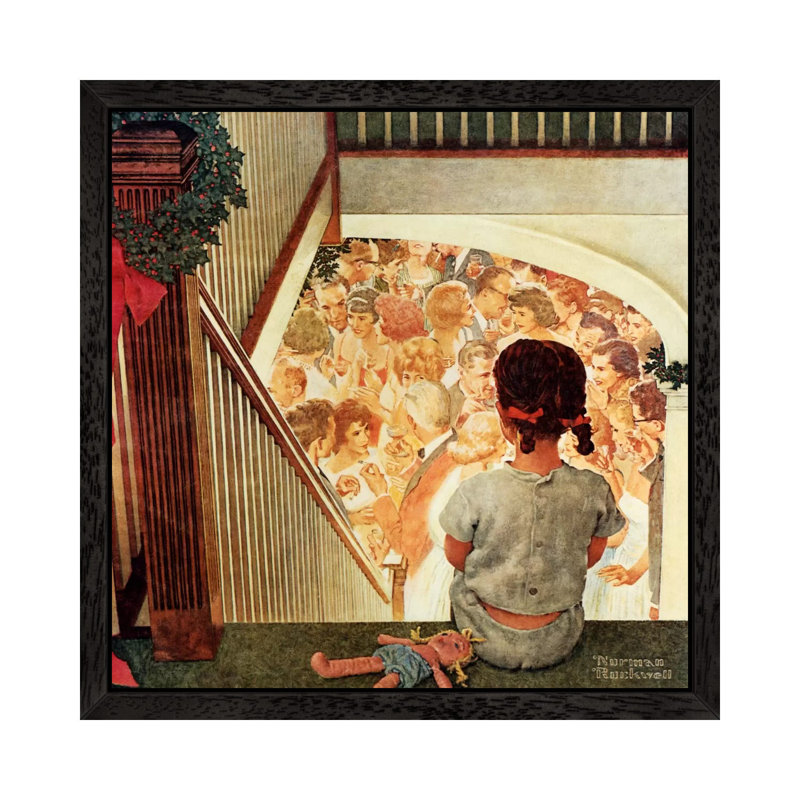 Little Girl Looking Downstairs At Christmas Party by Norman Rockwell - Floater Frame Painting on Canvas, Black