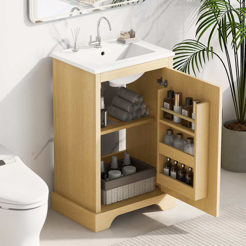 20" W Bathroom Vanity With Sink, Bathroom Storage Cabinet With Soft Closing Door, Storage Rack And Adjustable Shelve, Natural Wood