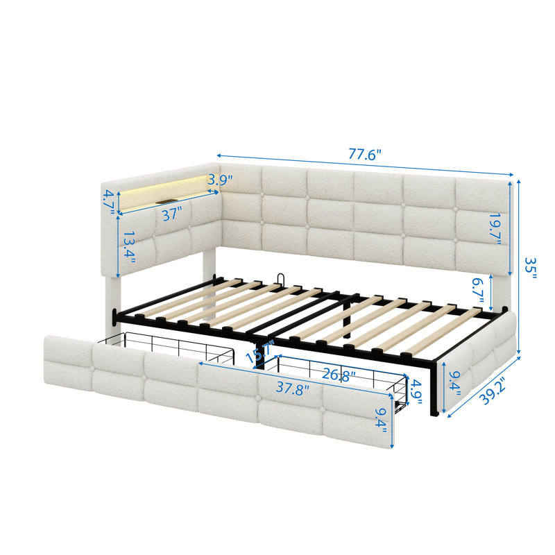 Upholstered Twin Daybed With Dual Storage Drawers, Charging Station, LED Lighting, And Storage Headboard, Beige