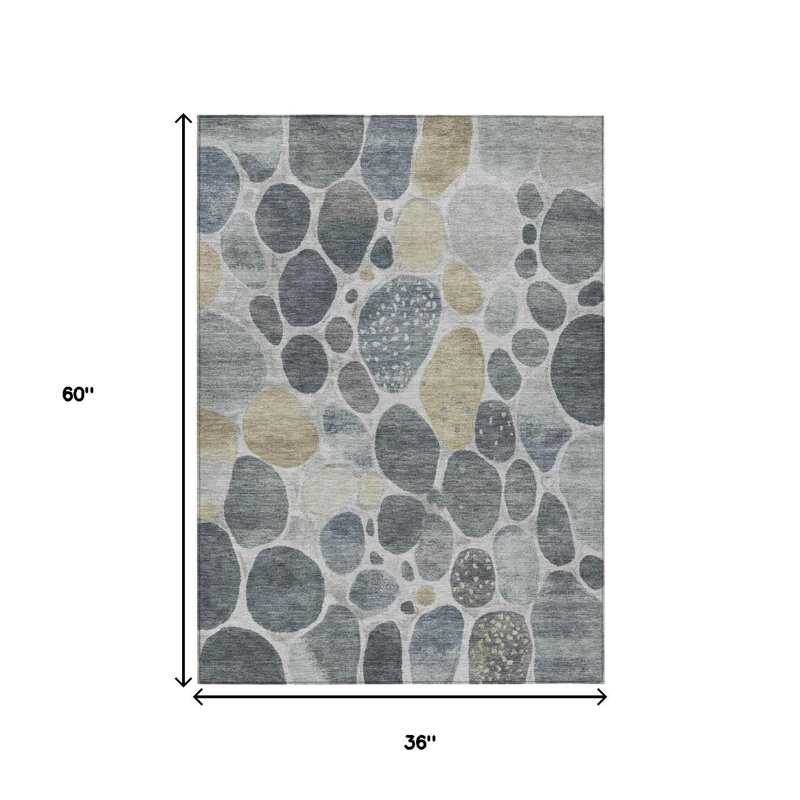 3' X 5' Pewter Beige And Ivory Geometric Washable Indoor Outdoor Area Rug