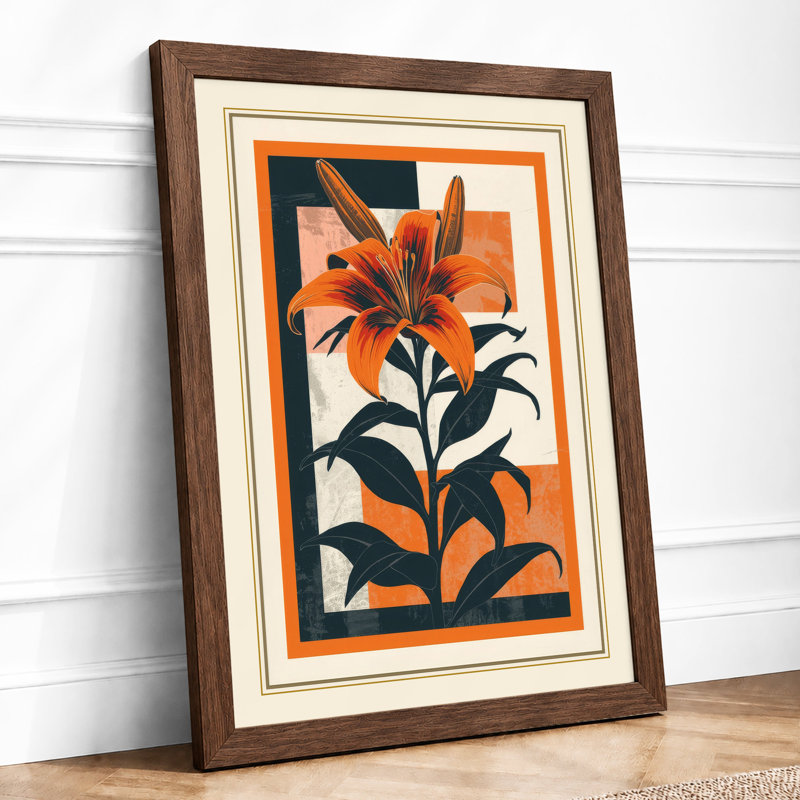 Lily Linocut Geometric Art Deco - Framed Print, A2 - 59.4 x 42.0 cm, Walnut