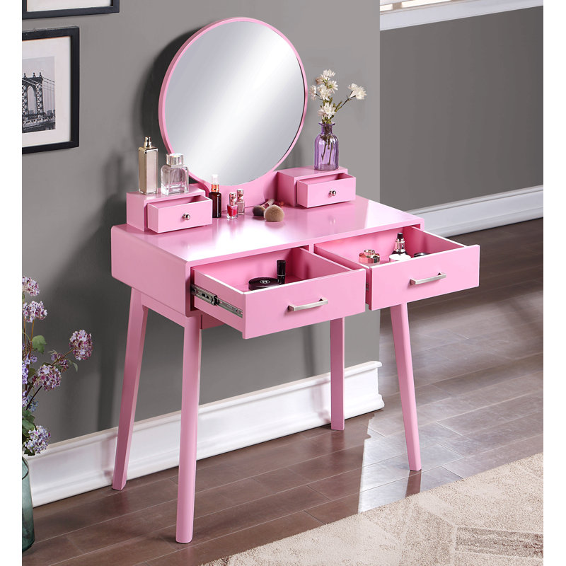 Ensemble de coiffeuse et tabouret contemporain en bois pour chambre à coucher, Rose