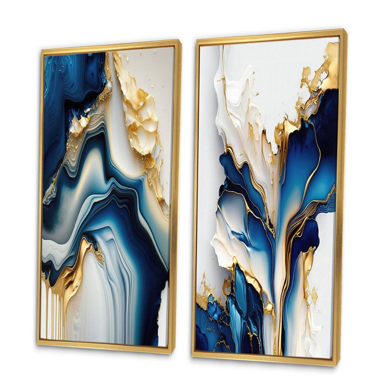 Abstract Geode Gold And Blue Marble - Marble Abstract Wall Decor Set Of 2, Gold Framed, 40" H x 40" W