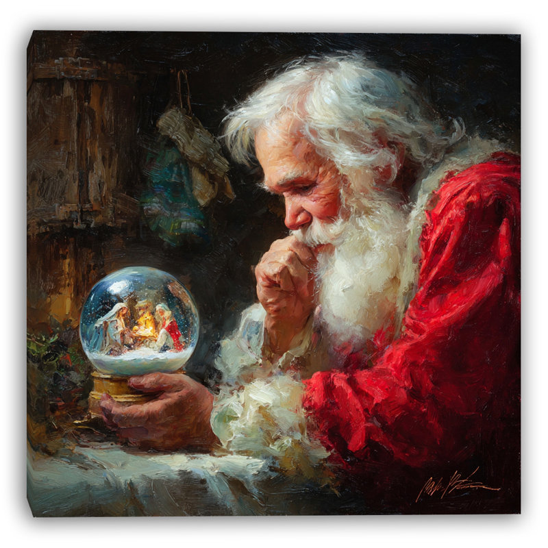 «Santa Reflecting with Snow Globe», art mural sur toile tendue, H 20 po x l 20 po