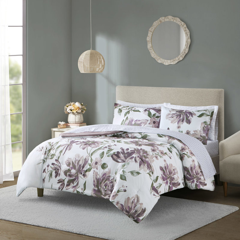 Édredon en microfibre avec motif floral taupe mauve et drap plat, Édredon double et 5 pièces supplémentaires