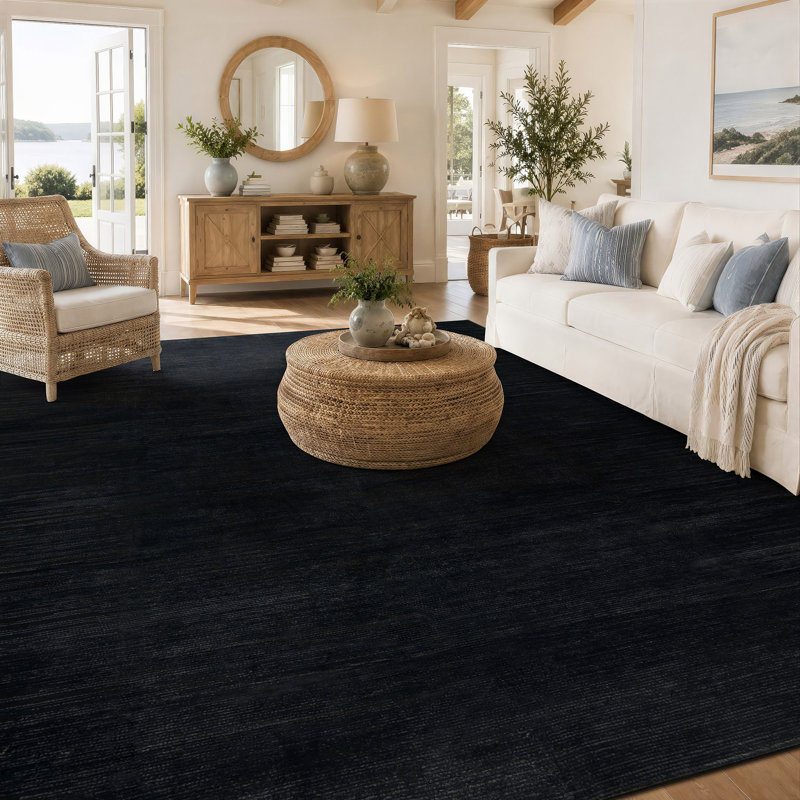 Tapis uni uni noir chiné lavable à la machine, 6 pi 6 po x 9 pi