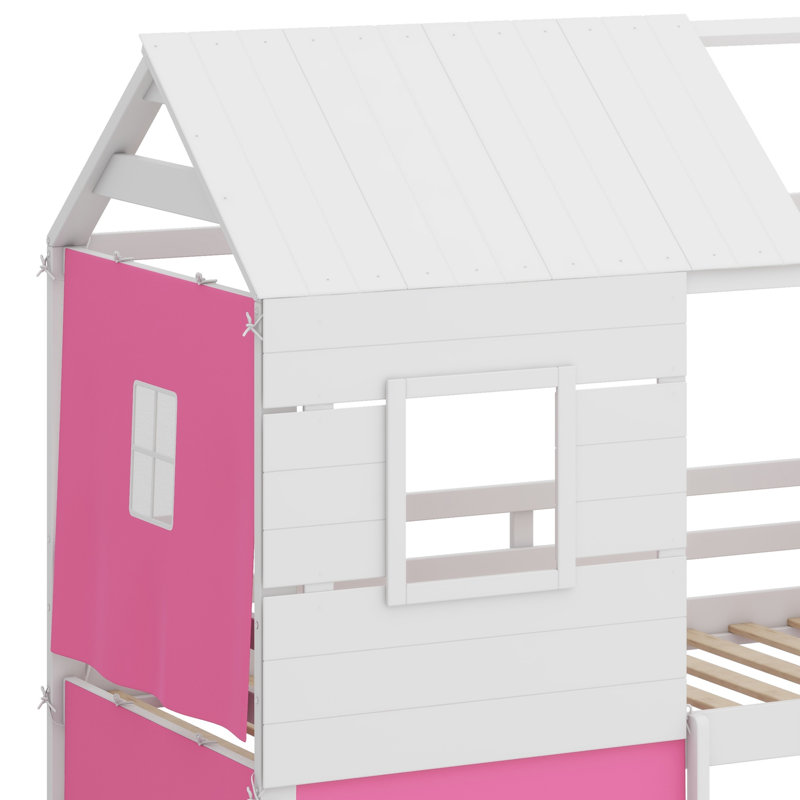 Lit mezzanine en bois unique avec lits superposés avec échelles, barrières de sécurité, fenêtres élégantes et tente