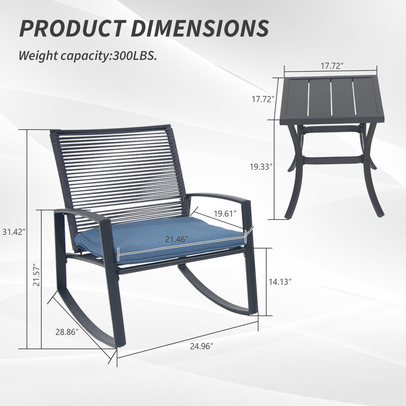 2-person outdoor patio bistro metal rocking conversation set with table, Blue