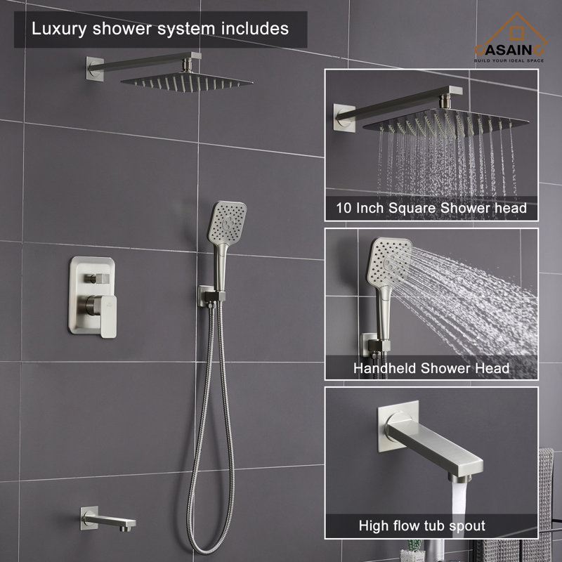 Brushed Nickel Wall Mounted Rain Shower System with Handheld