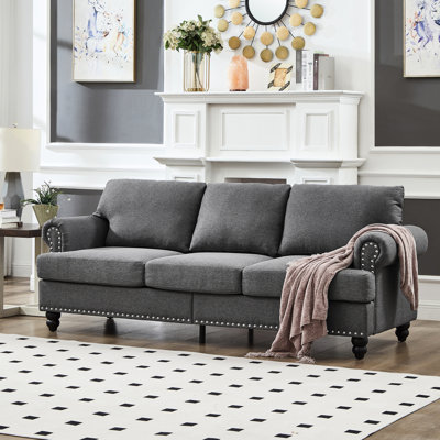 83 po, classique, trois places, pieds en bois massif, sièges à ressorts ensachés, coussins amovibles beiges style américain de 83 po avec sièges et espace de rangement sous le siège