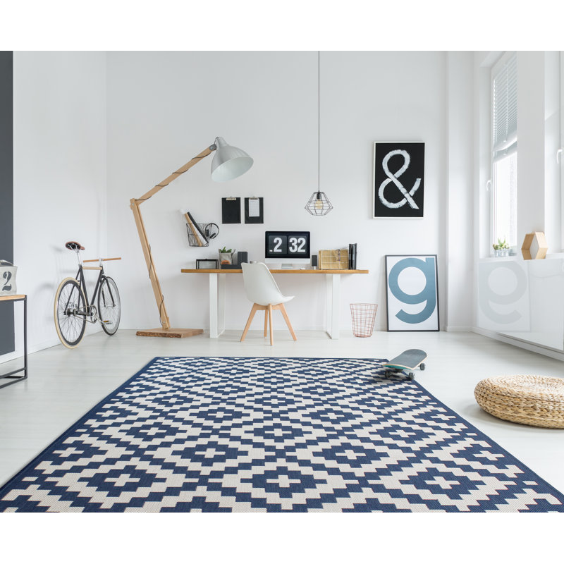 Tapis marocain en treillis intérieur/extérieur bleu/blanc Deckland, Rectangle 5 pi 3 po x 7 pi 6 po
