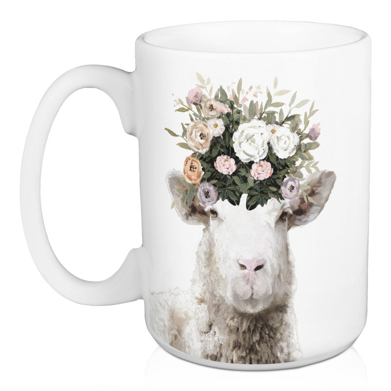Tasse crémeuse à motif floral de moutons