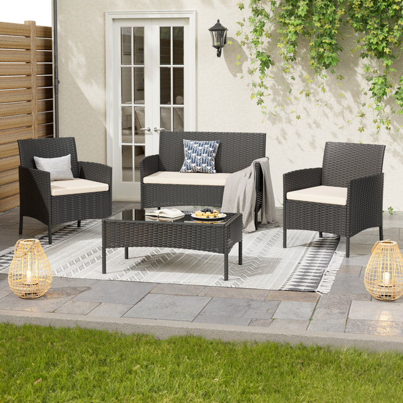 4 - Person Patio Conversation Set with Cushions, Black Frame/Cream Cushion