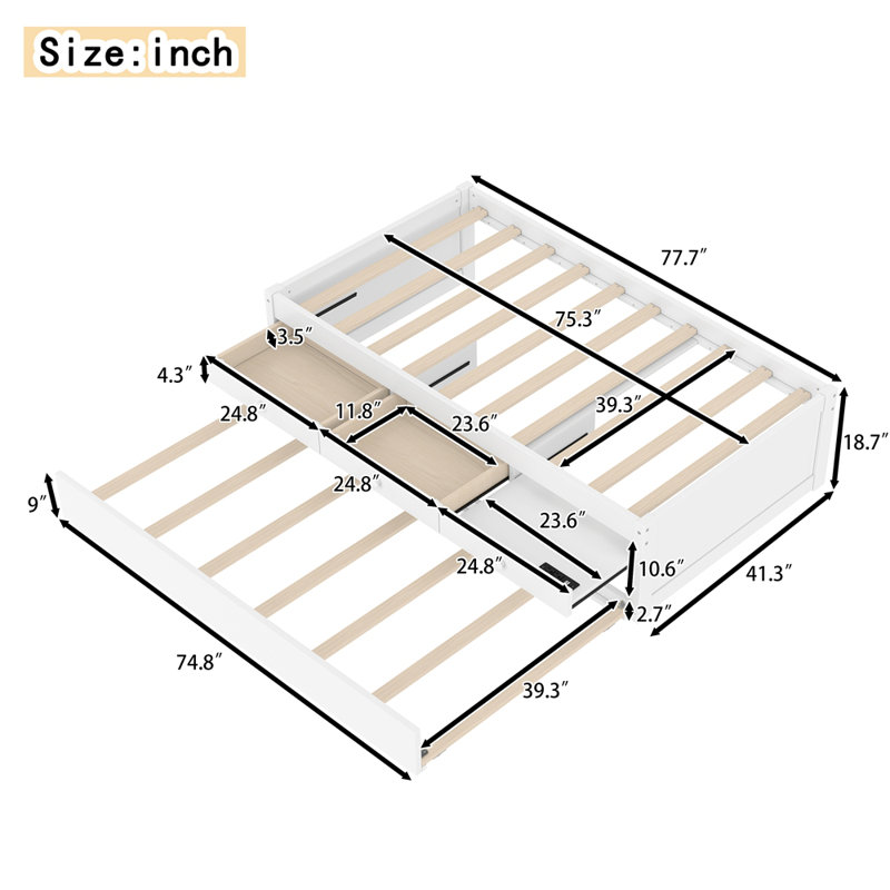 Twin Platform Bed with Trundle and 2 drawers,SolidWood Beds with Power strip, Twin, White