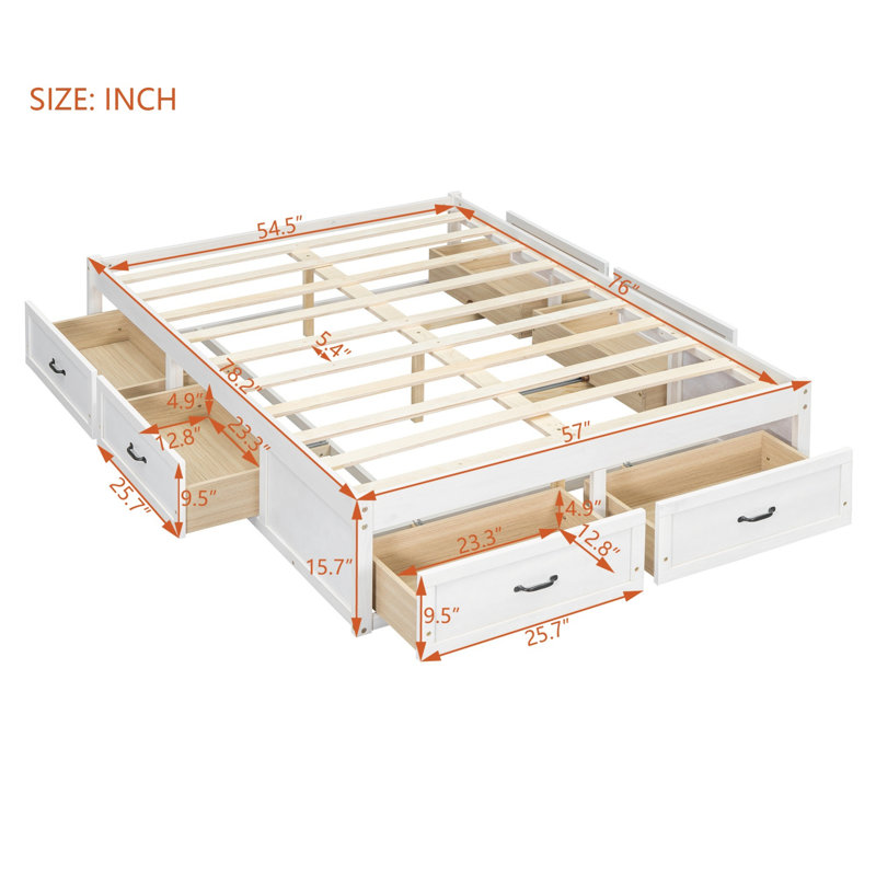 Lit plateforme double avec 6 tiroirs de rangement, cadre en bois minimaliste moderne pour la chambre à coucher, blanc antique