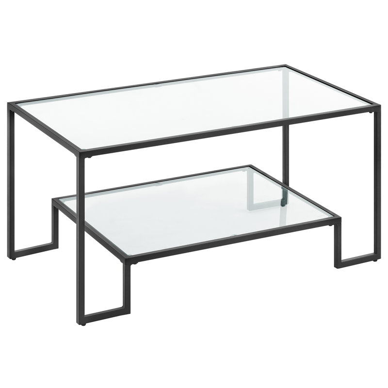 Nancy 39.4" W Rectangle Glass Top Coffee Table with Storage, Black