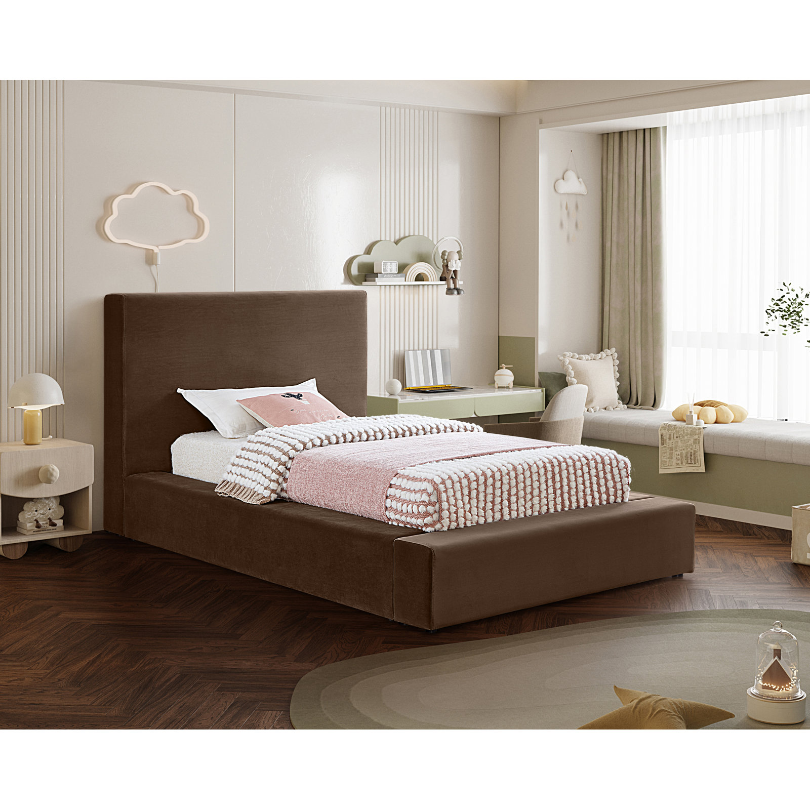 Ishia Upholstered Platform Bed, Twin, Brown Velvet
