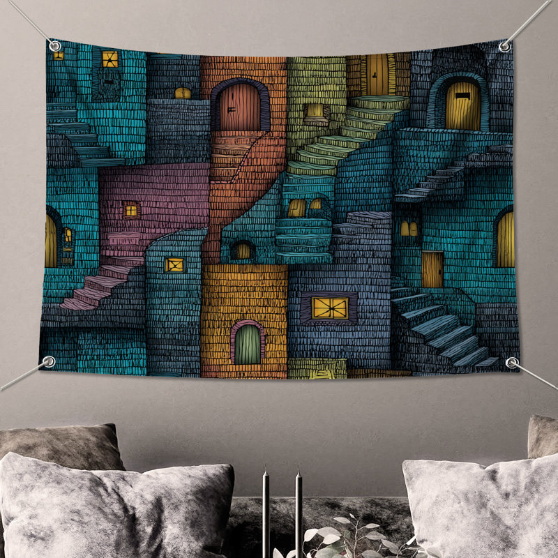 Tapisserie murale bâtiments colorés - Décoration murale architecture, 50in H x60in W with 4 Grommets