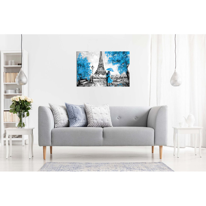 Paris Oil Painting Reproduction Eiffel Tower - Wrapped Canvas Print, Blue, 31cm H x 46cm W
