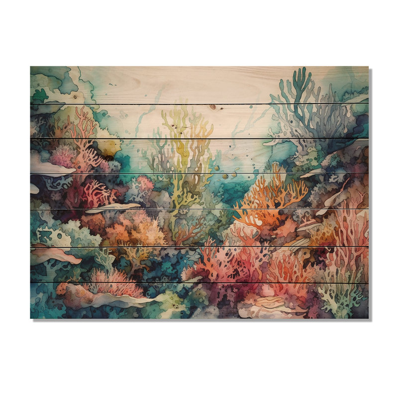 Vibrant Coral Reef III - impression de paysage de plage moderne sur bois de pin naturel, H 30 po x l 40 po x P 0,78 po