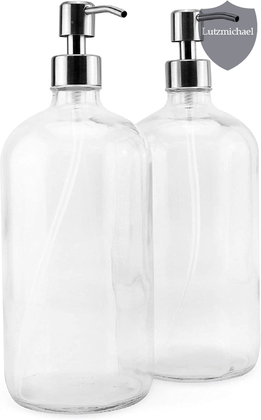 16oz Glass Bottle w/Stainless Steel Pump - Refillable, Reusable