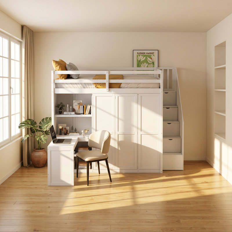Modern Collection 88.6" W x 93.3" D x 76" H Full Size White Wood Loft Bed with Wardrobe, Desk, and Shelves, White