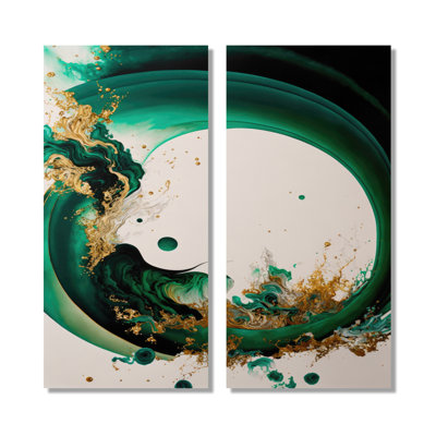Emerald Green And Gold Abstract Waves - Abstract Spirals Wall Art, Green Abstract Canvas Print 2 Piece