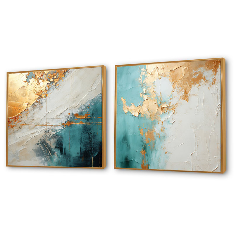Minimalisme méditation - ensemble de 2 collages carrés de peinture abstraite, Cadre flottant doré, H 16 po x l 33 po