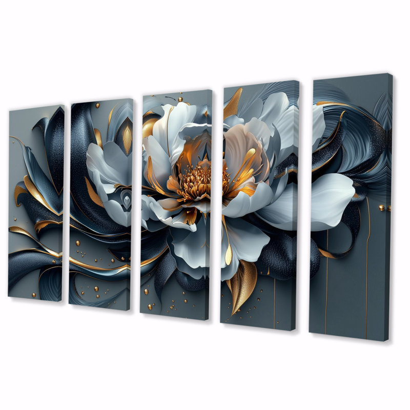 Fleur de pivoine bleue et grise - ensemble d'art mural pivoine, H 32 po x l 80 po