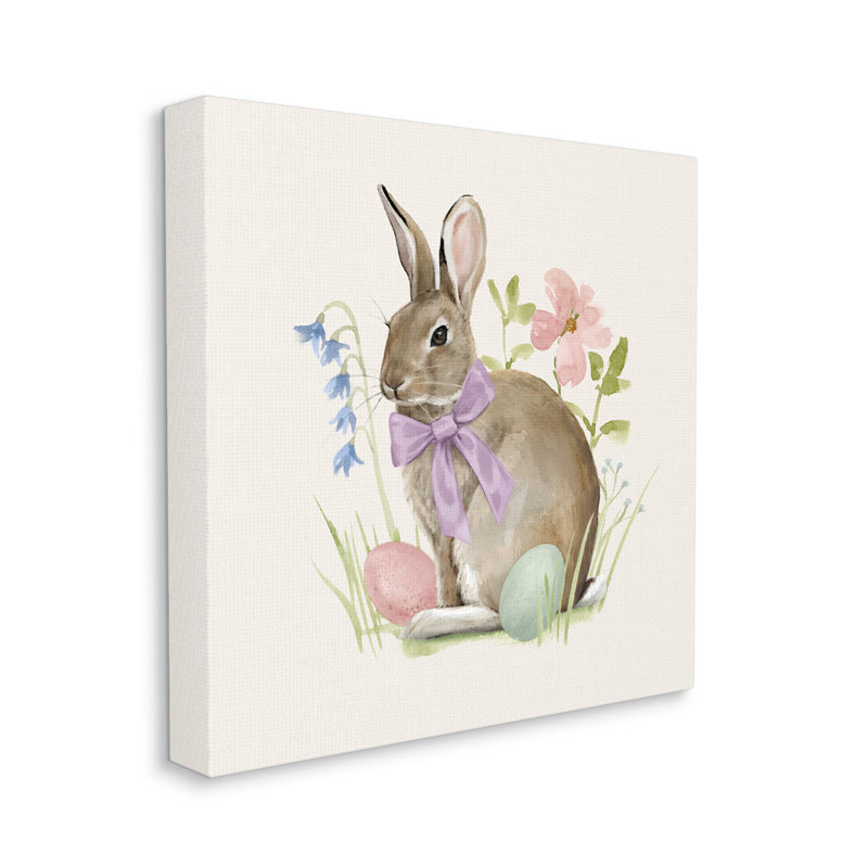 Lapin de printemps, œufs de Pâques, fleurs en fleurs, giclée noire encadrée, art texturé par Victoria Barnes, Toile tendue