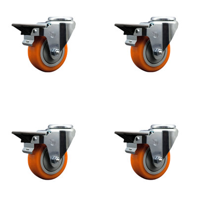3.5 Inch Orange Poly Wheel Swivel Bolt Hole Caster Set with Posi Lock Brakes SCC
