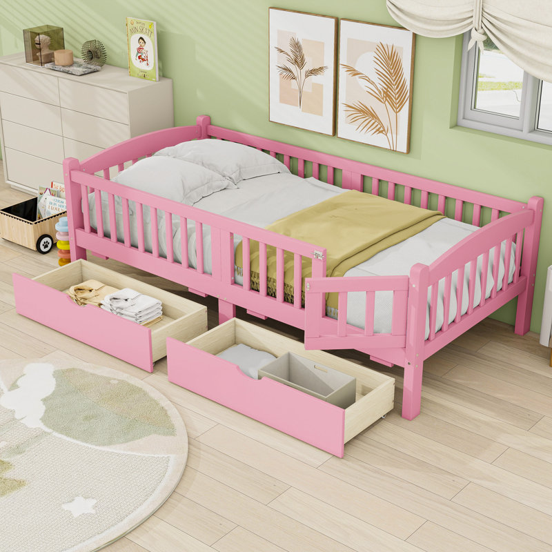 Lit plateforme en bois avec garde-corps et tiroirs de rangement, Très grand simple, Rose