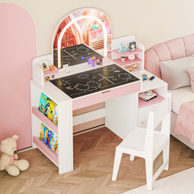 Coiffeuse pour enfants, ensemble de coiffeuse avec miroir lumineux et tabouret, coiffeuse 3 en 1 pour tout-petits avec rangement pour bijoux, bibliothèque, coiffeuse pour bureau de maquillage