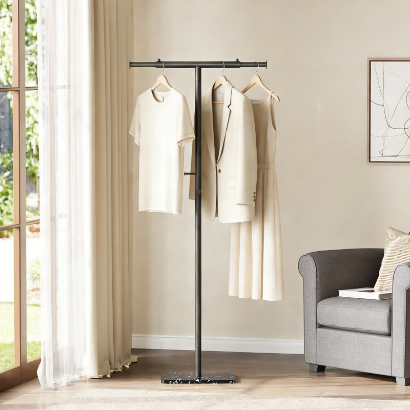 Freestanding Metal Coat Rack with Adjustable T-Bar and Marble Base, Black