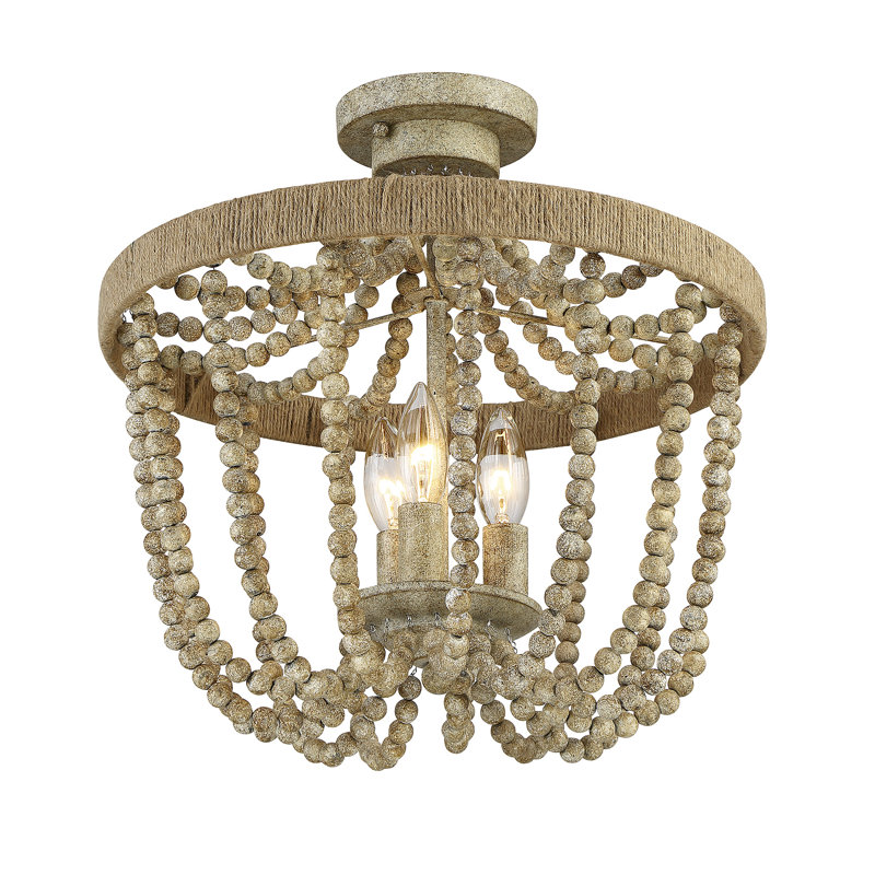 Natural Wood and Rope 3-Light Semi-Flush Mount Ceiling Light