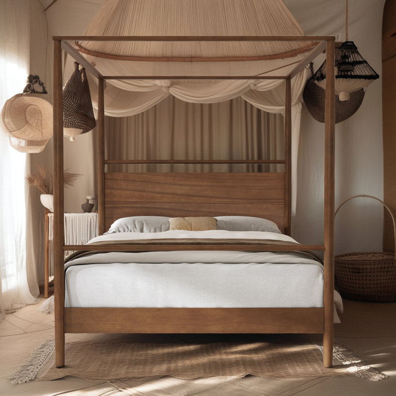 Mid-Century Modern Canopy Bed Frame - Solid Wood 4-Poster Design, Walnut Finish, No Box Spring Needed, Full