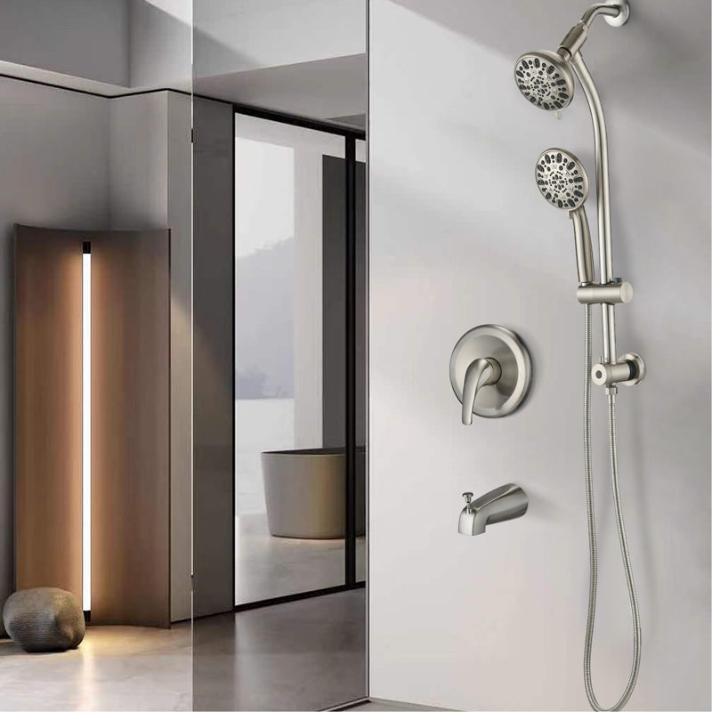 Stainless Steel Shower - Slide Bar, Rain / Massage Spray, 2 Heads, Wall Mount System With Hand 7 Spray Modes, Mounted
