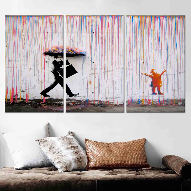 Impression sur toile Banksy Rainy Day: Elegant Graffiti Home Decor, toile tendue 3P, 23,6 po H x 47,2 po l